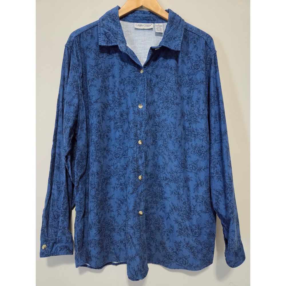 Cabin Creek Blue Floral Corduroy Button Down Shirt Womens 2X Long Sleeve Cotton